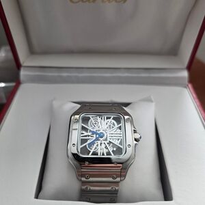 Cartier Santos Skeleton Stainless Steel Watch - Silver with Blue Hands